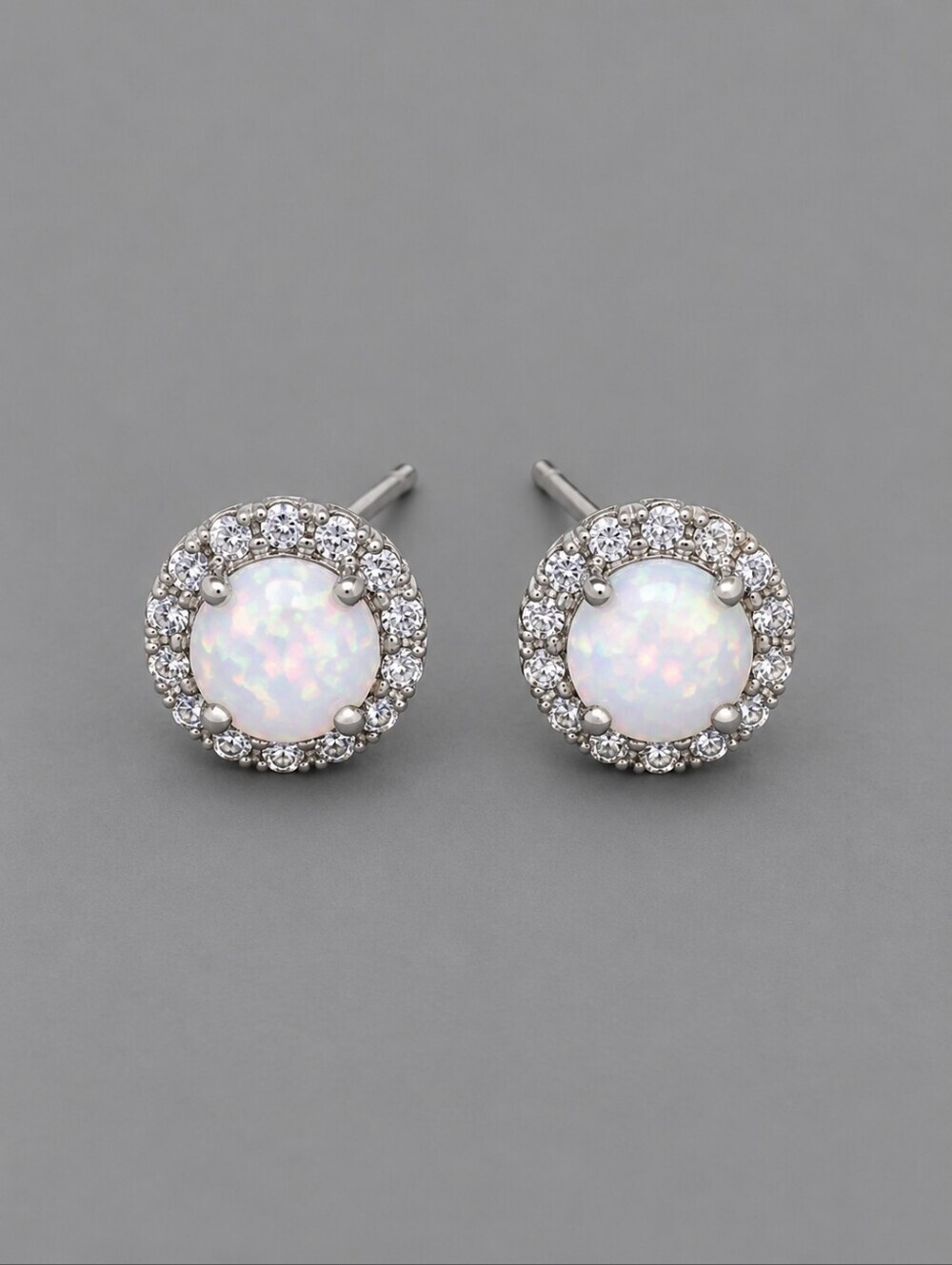 STERLING Silver Halo Opal Circle Bridal Post Earrings